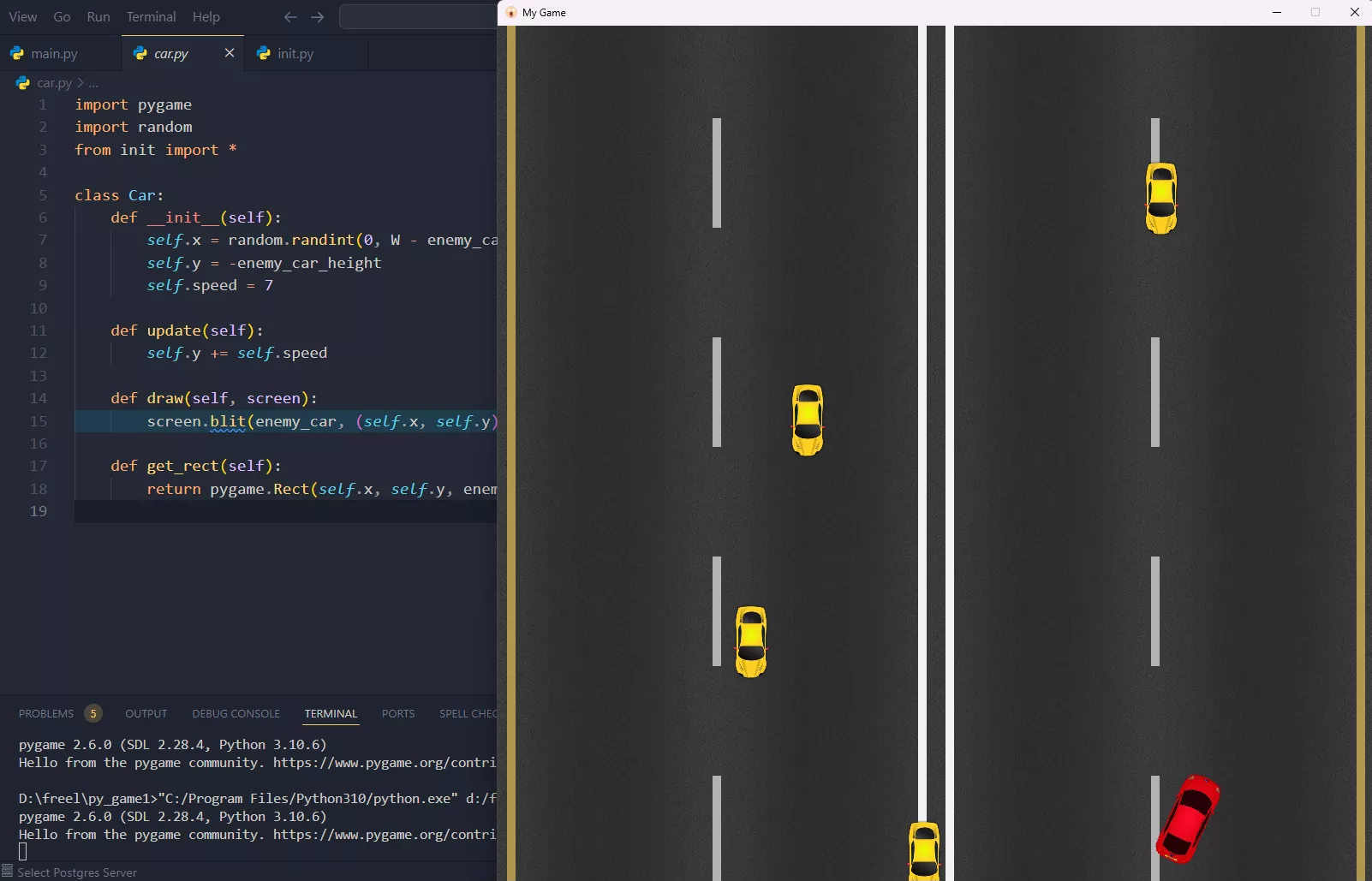 Работа ученика: игра "гонки" на pygame